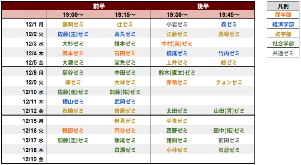 ゼミ合同説明会のスケジュール表